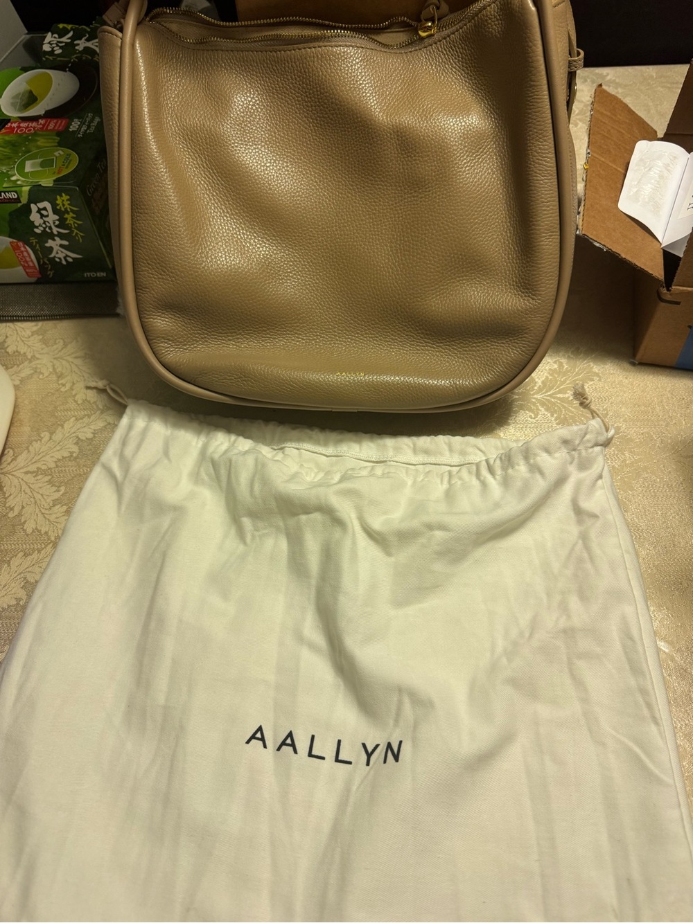AALLYN Marley Tan Pebbled Leather Classic Hobo Shoulder Bag w/ Key Leash
